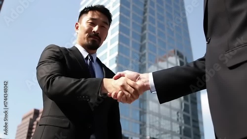 Two Businessmen Shaking Hands in Front of Modern Office Building.