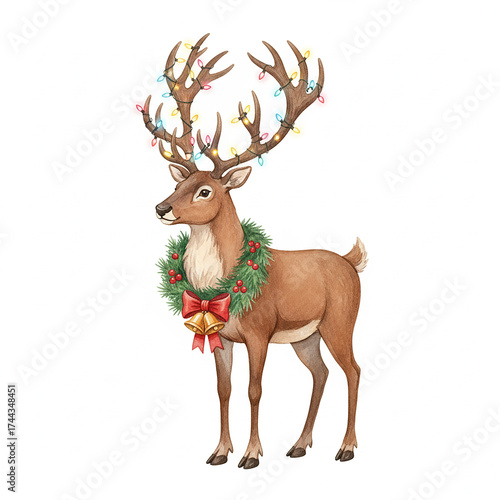 Christmas reindeer with red ribbon isolated, Christmas, Stag, Antlers, Reindeer Isolated Image.