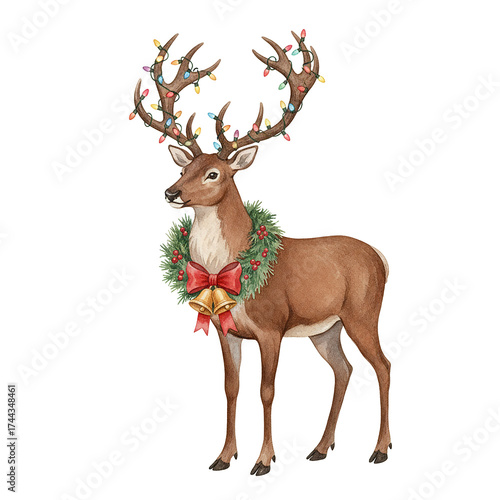 Christmas reindeer with red ribbon isolated, Christmas, Stag, Antlers, Reindeer Isolated Image.