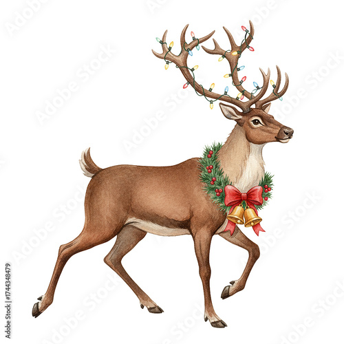 Christmas reindeer with red ribbon isolated, Christmas, Stag, Antlers, Reindeer Isolated Image.