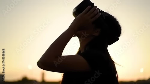 Woman Experiencing Virtual Reality Sunset Silhouette Outdoors Technology.