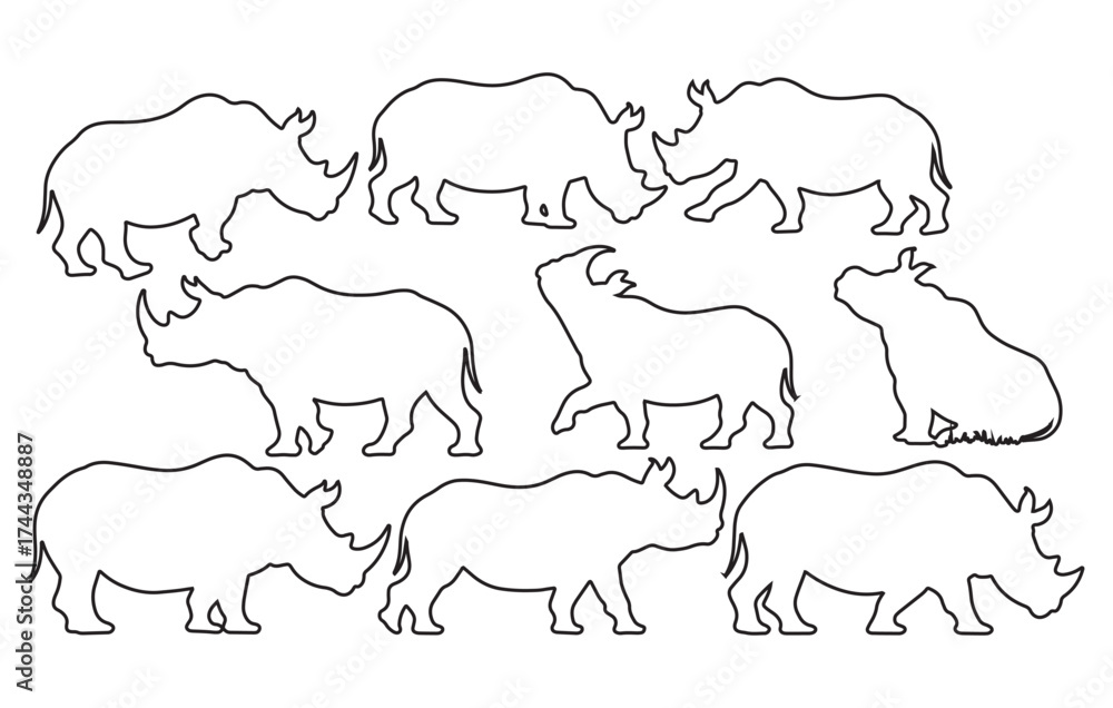 Fototapeta premium Collection of outline rhinoceros icons representing wildlife and safari animals vector