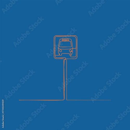 Minimalist line art of a bus stop sign on a solid blue with a simple and clean design