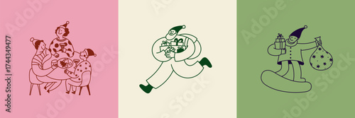 Vector illustrations, in trendy playful whimsical quirky style, for Christmas and New Year prints, cards, banners, with funny and friendly mascots and characters