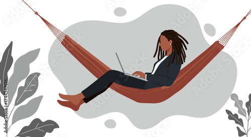 Woman working remotely on laptop in a hammock embracing flexible work and digital nomad lifestyle