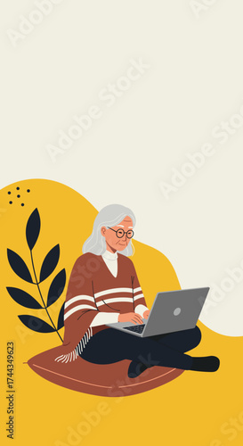 Happy senior woman on laptop embracing technology for learning or staying connected