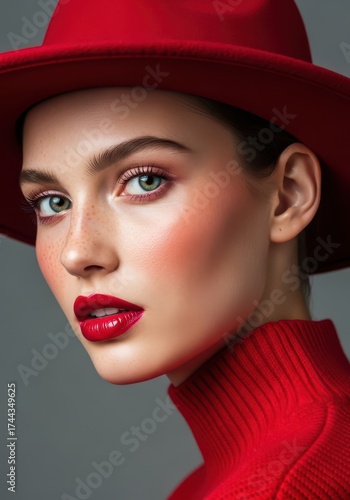 Wallpaper Mural Dramatic closeup of a woman wearing a red turtleneck and a widebrimmed red hat, with bold red lipstick and shimmering makeup Torontodigital.ca