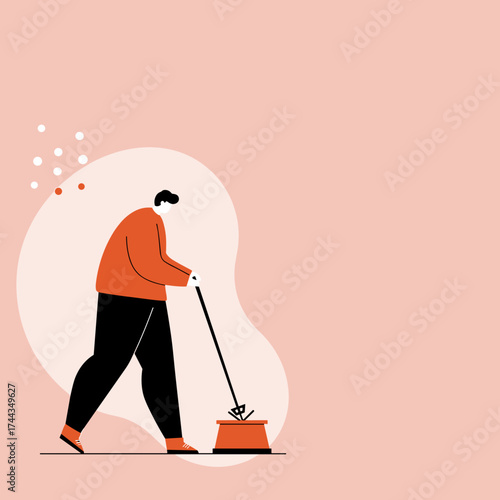 Person pushing a block with a B symbol representing cryptocurrency or blockchain concept