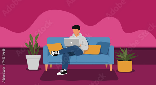 Casual person using laptop on sofa at home Remote work digital communication modern lifestyle
