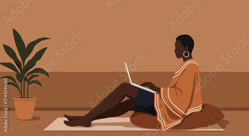 Woman working remotely on laptop at home minimalist setting Focus freelance modern lifestyle