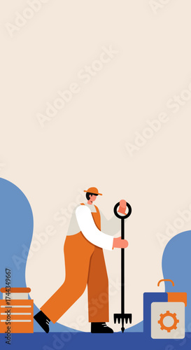 Gardener in overalls with a rake ready for planting and outdoor work Agriculture concept