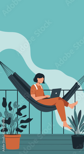 Woman working remotely on laptop in hammock on balcony blending relaxation and productivity