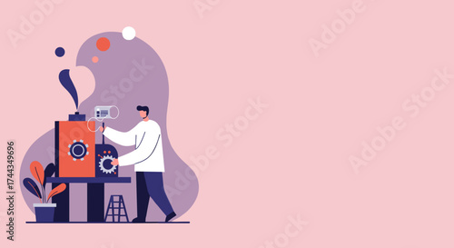 Man operates complex machinery symbolizing engineering innovation and industrial processes