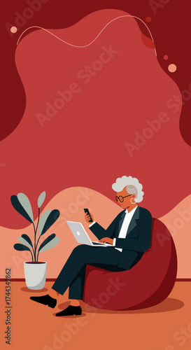 Senior businesswoman working remotely with laptop and phone on a beanbag Modern work