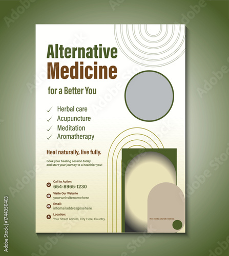 Creative flyer template for alternative medicine services, featuring natural therapy design, holistic wellness promotion, herbal care, acupuncture, and health consultation with editable layout.