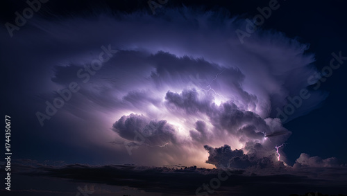 A powerful storm reveals bright lightning flashing within dense thunderclouds at night, illuminating the dark sky and casting a moody atmosphere over the surrounding landscape