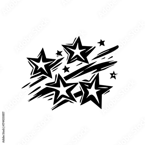 Shooting star cluster silhouette — dynamic sparkly comet streak burst, celebratory night sky magic vector illustration