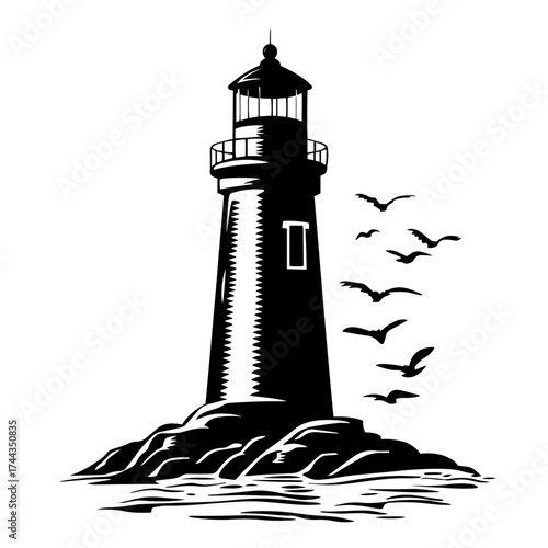 Rocky coast lighthouse silhouette — nautical beacon tower with soaring seagulls, maritime navigation vector illustration