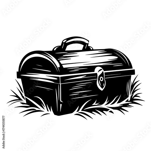 Treasure chest silhouette — vintage pirate loot box icon in grass, wealth and adventure vector illustration
