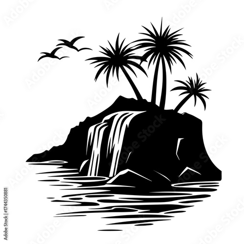 Tropical island with waterfall silhouette — palm trees and lagoon oasis vector illustration