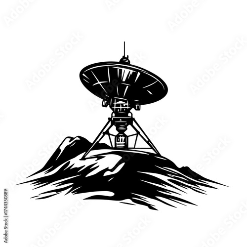 Radio telescope silhouette — large parabolic antenna dish observatory on hill, space communication vector illustration