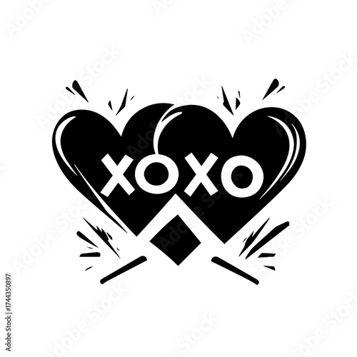 XOXO hearts silhouette — hugs and kisses love emblem with arrows, romantic valentine vector illustration