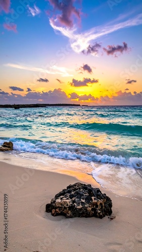 Sunrise over a tropical beach with a lone rock