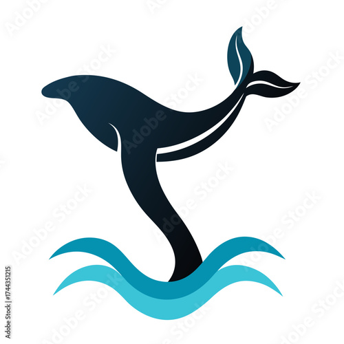 Elegant whale tail gracefully diving into stylized ocean waves vector on white background.