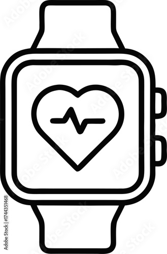 Vector outline  illustration of smartwatch with heart rate monitor, modern health tech style on white background 