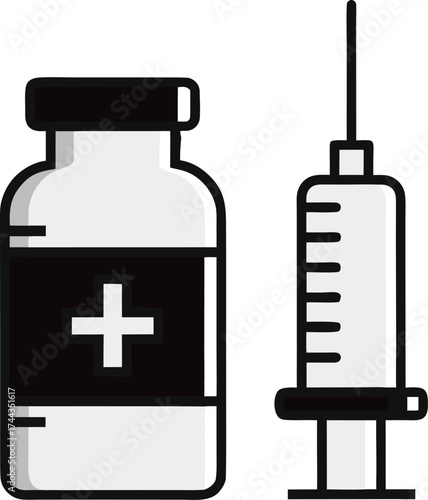 Syringe and vaccine bottle outline  vector icon  illustration on white background 