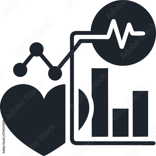 Health data analysis with charts silhouette vector icon on white background  