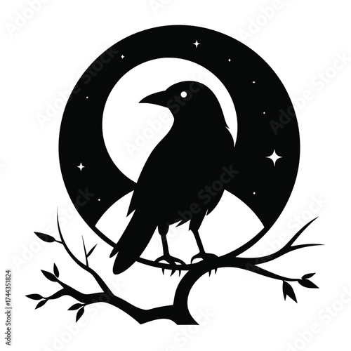Midnight raven moonlit branches black and white vector on white background.