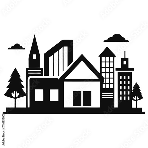 Modern cityscape and suburban house black vector on white background.