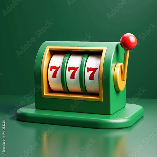 Advertising - product photo of 3D casino simple flying green slot machine with three lucky seven on it, green gold and red colors on deep green abstract background, perspective view