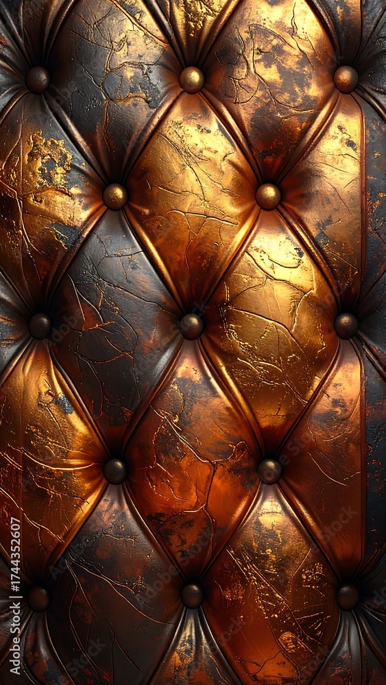 Naklejka premium Close-up of ornate, golden-brown leather upholstery with diamond-shaped quilting and decorative buttons