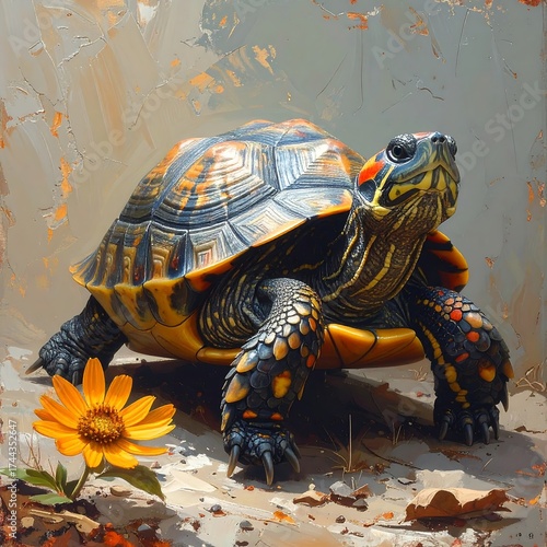A colorful turtle, with a vibrant shell pattern, gazes forward, positioned near a single, bright yellow flower.  The background features textured, muted tones of beige and gray
