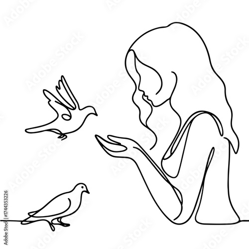 Girl feeding pigeons minimal line drawing