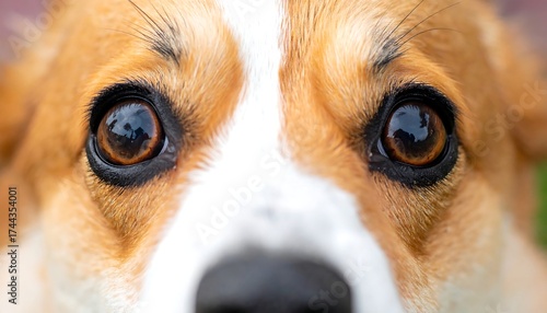 Close-up of a dog's expressive eyes.  A Corgi's face,  focus on large brown eyes,  with hints of white fur.  The nose is dark.  Close-up, natural light