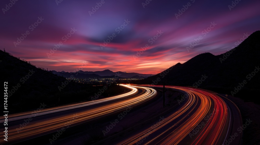 Fototapeta premium Streaks of light on a winding road under a dramatic sunset sky