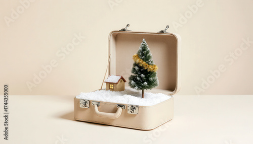 Beige minimalist suitcase with a tiny snowy landscape with Christmas tree. Pale beige background with copy space. Winter art collage, modern design for holidays wishings.