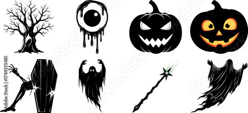 Vector art of assortment of eerie halloween graphics featuring a bare tree, eyeball, pumpkins, zombie, and ghost
