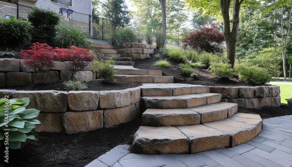 Obraz premium A curved stone staircase ascends a garden slope, flanked by retaining walls and lush greenery, including red and green plants.