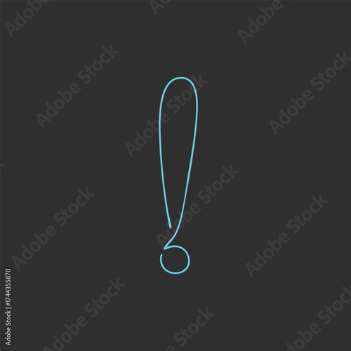 Close-up of a neon blue exclamation mark symbol on a dark emphasizing alertness and importance