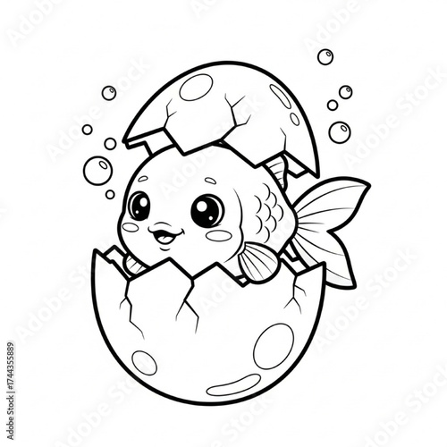 Cute baby goldfish hatching from cracked eggshell illustration