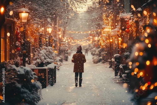 Person walking down snowy street.