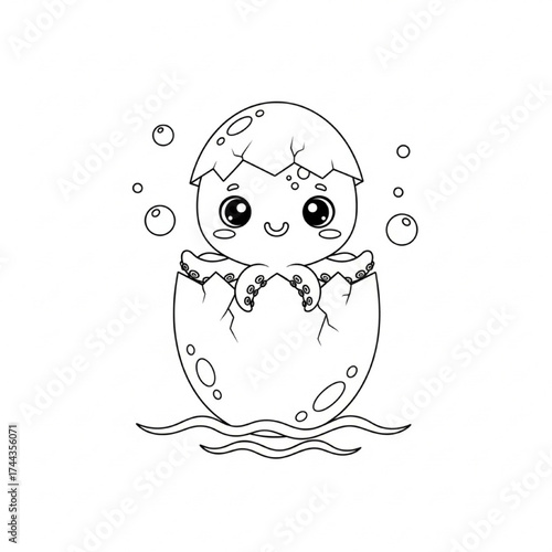 Cute baby octopus hatching from an egg, outline illustration for coloring