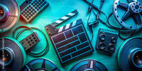 Various movie production tools are displayed on a teal surface. The scene includes a clapperboard, film reels, audio equipment, and cables, creating a creative atmosphere