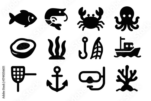 Black silhouettes of marine life and fishing icons including fish, crab, and boat