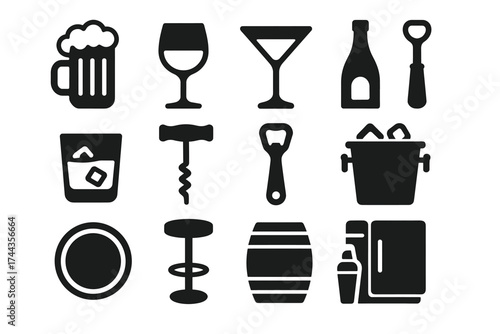 Collection of drink and barware icons including glasses and tools
