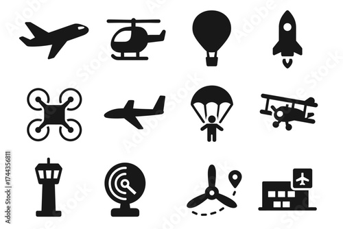 Set of black transportation icons including airplane, helicopter, hot air balloon, rocket, drone, parachute, and control tower
